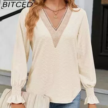 BITCED Осень/Зима Однотонная кружевная свободная футболка с V-образным вырезом и длинными рукавами S чёрный