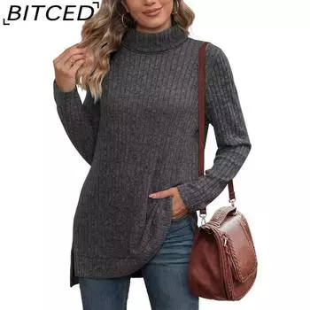 BITCED Осень/Зима Женская футболка с высоким воротом и длинными рукавами, свободная, с разрезом, топ для женщин S чёрный