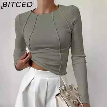 BITCED Осень/Зима Женская однотонная футболка с разрезом на груди, длинным рукавом и круглым вырезом XS белый