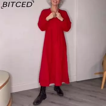 BITCED Осень/Зима Женские однотонные платья с V-образным вырезом и длинными рукавами S красный