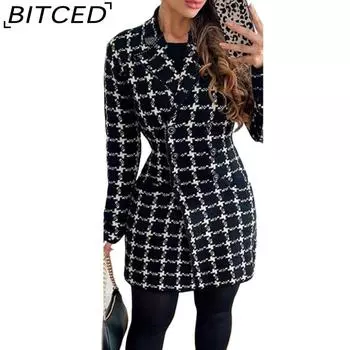 BITCED Осенне-зимнее двубортное пальто с длинным рукавом и воротником-стойкой с принтом для женщин S серый