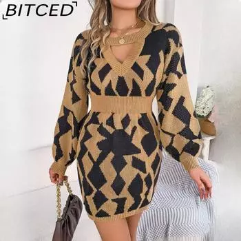 BITCED осенне-зимнее повседневное платье-свитер с полыми рукавами-фонариками и цветными блоками на талии, женская одежда S хаки
