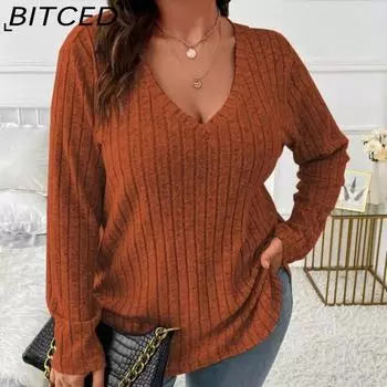 BITCED Осенне-зимние однотонные женские топы больших размеров с V-образным вырезом и длинными рукавами в полоску, износостойкая футболка, свободный пуловер XL абрикосовый