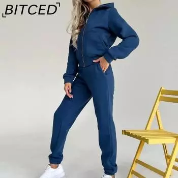 BITCED осенне-зимний флисовый женский комплект брюк с капюшоном и молнией с длинными рукавами S белый