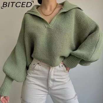 BITCED осенне-зимний ленивый свободный пуловер с рукавами-фонариками и открытым вырезом, женский короткий свитер S розовый