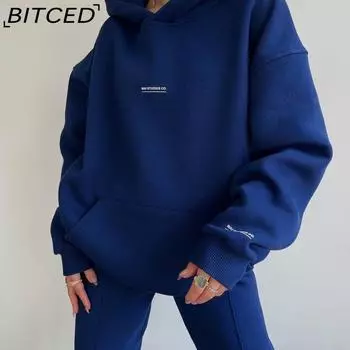 BITCED, осенне-зимний новый повседневный женский брючный костюм с капюшоном и длинными рукавами из флиса с принтом S зелёный