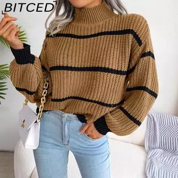 BITCED Осенне-зимний повседневный полосатый женский вязаный свитер с рукавами-фонариками до половины и высоким воротником S хаки