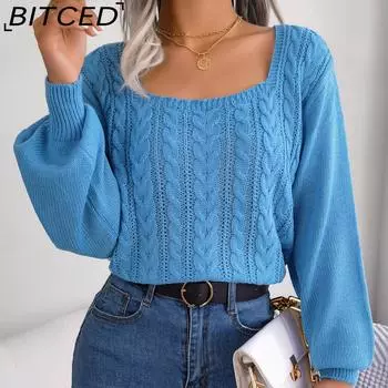 BITCED осенне-зимний повседневный пуловер с квадратным вырезом и рукавами-фонариками, женский свитер S белый