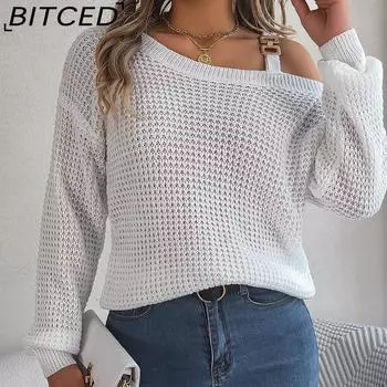 BITCED осенне-зимний повседневный пуловер с металлической пряжкой и без бретелек, пуловер с рукавами-фонариками, джемпер S белый