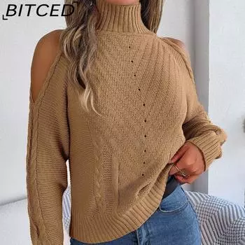 BITCED осенне-зимний повседневный вязаный пуловер без бретелек с высоким воротом и длинными рукавами, женский свитер S белый