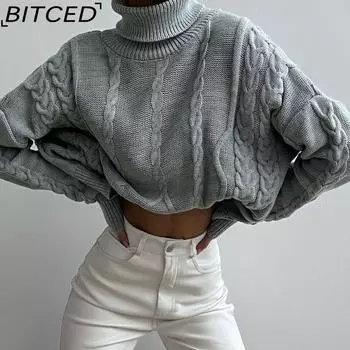 BITCED осенне-зимний повседневный жаккардовый свитер с длинными рукавами и высоким воротником, трикотаж S серый