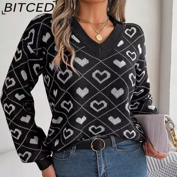 BITCED Осенне-зимний свитер Sweet Clash of Colors Love с рукавами-фонариками для женщин S красный