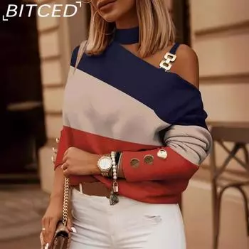 BITCED Осенне-зимний топ с длинными рукавами, цепочкой, воротником-стойкой, принтом и пуговицами S