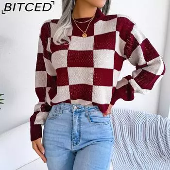 BITCED Осенне-зимний уличный стиль, клетчатый пуловер с длинными рукавами, вязаный женский свитер S хаки