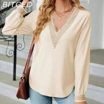 BITCED Осенне-зимняя кружевная свободная футболка с v-образным вырезом и длинными рукавами для женщин S чёрный