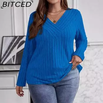 BITCED Осенне-зимняя однотонная футболка больших размеров с V-образным вырезом и длинными рукавами в полоску XL чёрный