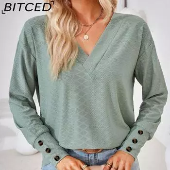 BITCED, осенне-зимняя женская однотонная свободная футболка с жаккардовыми пуговицами и v-образным вырезом, топ S чёрный