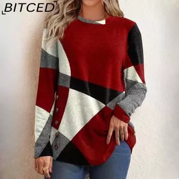 BITCED Осенне-зимняя женская свободная футболка с длинным рукавом и геометрическим узором на пуговицах S зелёный