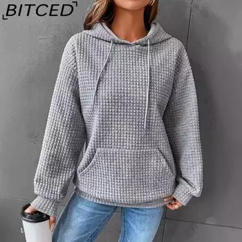 BITCED Осенне-зимняя женская свободная кофта с капюшоном и длинными рукавами, толстовка с капюшоном и заниженной линией плеч, карман-кенгуру S чёрный