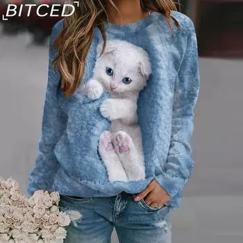 BITCED Осень-зима Женская свободная толстовка с длинным рукавом и круглым вырезом с принтом животных S белый