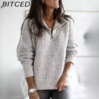 BITCED Осенне-зимняя женская трикотажная куртка-свитер с длинными рукавами на молнии S хаки