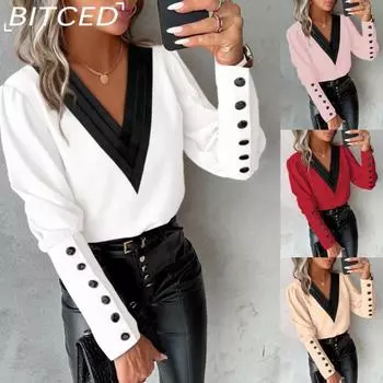 BITCED Осенняя мода однотонная женская рубашка на пуговицах с v-образным вырезом и длинными рукавами, блузка S белый