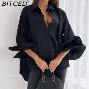 BITCED Осенняя мода с расклешенными рукавами, однотонная женская рубашка, блузка S чёрный
