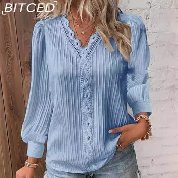 BITCED Осенняя женская блузка с длинным рукавом и V-образным вырезом в стиле пэчворк из кружева S белый