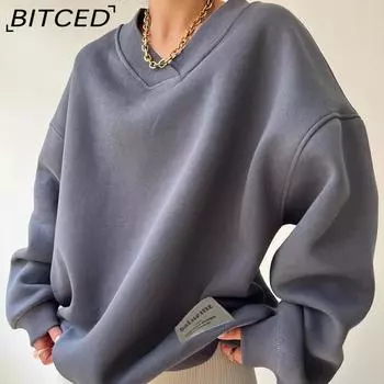 BITCED Свободная толстовка с капюшоном для женщин, осенне-зимняя универсальная толстовка с v-образным вырезом и длинными рукавами S хаки
