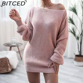 BITCED, повседневное свободное вязаное платье-свитер с длинными рукавами и воротником-словом в Европе и США, осень и зима S белый