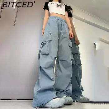 BITCED Повседневные брюки Женские летние прямые заниженные широкие рабочие брюки с высокой талией Узкие брюки S синий