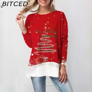 BITCED Рождественская осень женская футболка с принтом и длинным рукавом S красный