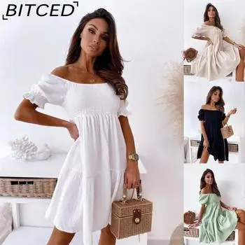 BITCED Сексуальное платье с разрезом на шее, женское летнее плиссированное платье с рукавами-фонариками и открытой спиной, пляжное платье для вечеринок, женское элегантное однотонное платье длиной до колена S белый