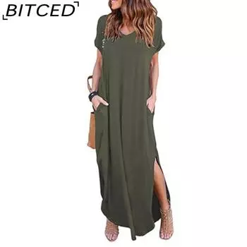 BITCED Сексуальное женское платье размера плюс 5XL, летнее однотонное повседневное платье макси с коротким рукавом для женщин, длинное платье, женские платья S белый