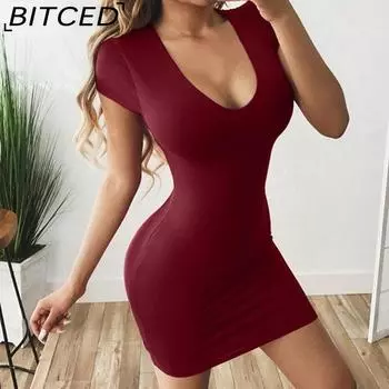 BITCED сексуальные однотонные платья с короткими рукавами с запахом и запахом для женщин S красный