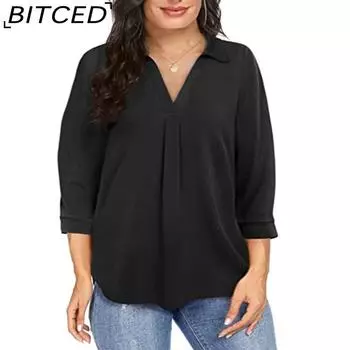 BITCED Шифоновый женский пуловер большого размера с V-образным вырезом и семью рукавами XL зелёный