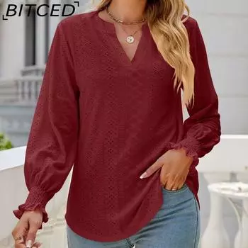 BITCED Сплошной цвет с полыми плиссированными рукавами лотоса и V-образным вырезом, свободный топ с длинными рукавами S белый