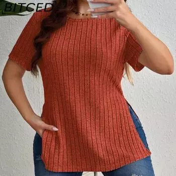 BITCED Spring/Summer Solid Colour Elegant Plus Size Women s Tops Pit Stripe O-Neck Short Sleeve Split Casual T-Shirt XL чёрный