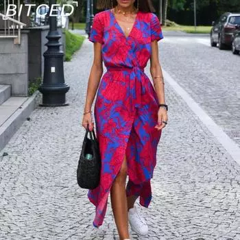 BITCED Весна-Лето Женские Платья С Принтом Платья Миди С V-образным Вырезом И Разрезом S красный