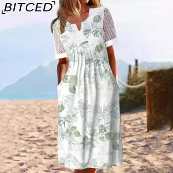BITCED Summer Dress With Pockets Anti-Pilling Popular Floral Print Cocktail Tunic Long Streetwear Dressy Outfits S белый