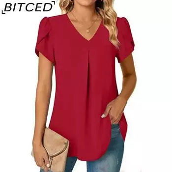 BITCED Летняя простая женская рубашка с V-образным вырезом и рукавами-лепестками, женская блузка S чёрный