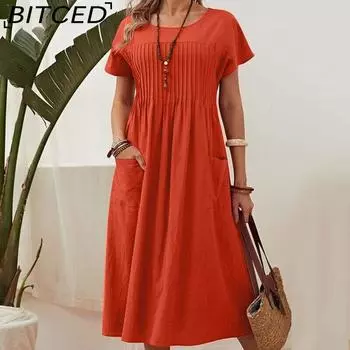 BITCED Summer Women Plus Size Dress Long Solid Cotton Linen Round Neck Pockets Pleated Short Sleeve Dresses S красный