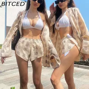 BITCED Свободные женские повседневные пижамы с длинными рукавами и принтом на шнуровке и шорты с высокой талией S фиолетовый