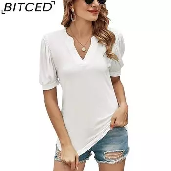 BITCED Свободный однотонный повседневный женский топ с V-образным вырезом и короткими рукавами, женская футболка S чёрный