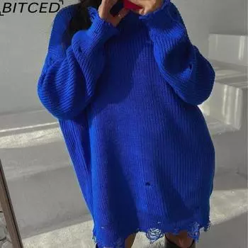 BITCED Свободный вязаный свитер средней длины с длинными рукавами и круглым вырезом S зелёный