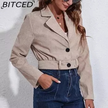 BITCED Вельветовый маленький костюм для женщин с длинным рукавом и воротником, короткое тонкое пальто на весну и осень S хаки