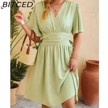 BITCED Весенне-летнее модное платье с v-образным вырезом на талии и расклешенными рукавами