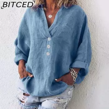 BITCED Весенне-летняя рубашка с V-образным вырезом из искусственного хлопка и льна с длинными рукавами, женская рубашка-пуловер S красный