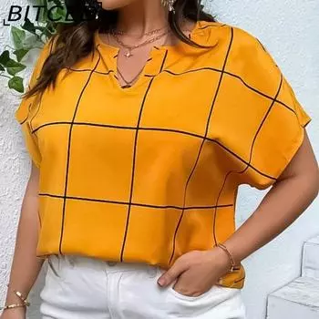 BITCED Весенне-летняя женская футболка большого размера с принтом в клетку, рубашка с короткими рукавами, отсутствующий угловой воротник, рукава «летучая мышь» XL белый