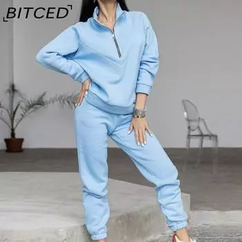 BITCED Весенне-осенняя модная повседневная толстовка из двух предметов с длинными рукавами, однотонный флисовый костюм для отдыха на ногах S белый